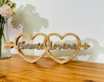 Personalized Double Heart Name Sign, Custom Couples Gift, Valentine&#39;s Day Wooden Decor, Anniversary Present for Him or Her, Love Keepsake