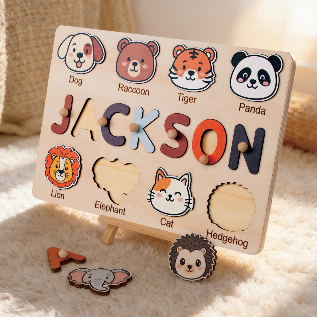 Personalized Wooden Name Puzzle, Montessori Animal Toy, Birthday Gift ...