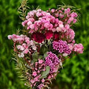 Può includere: Un bouquet di fiori secchi con rose color bordeaux intenso inserite tra grappoli di gipsofila rosa chiaro e magenta vibrante. La composizione include lunghi e sottili steli di fogliame verde che incorniciano l'insieme floreale.