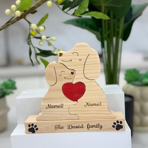 Custom Dog Family Puzzle with Names, Personalized Wooden Dog Gift, Pet Memorial for Dog Lovers, Unique Home Decor, Family Name Engraved
