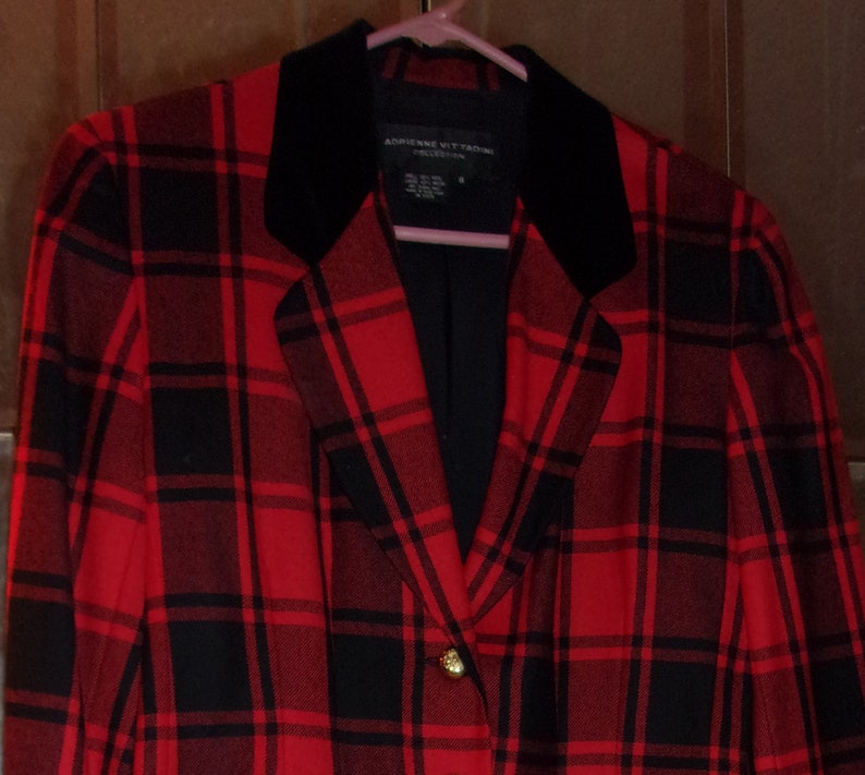 Adrienne Vittadini Collection Red and Black Wool /& Velvet Plaid Blazer  Very Equestrian