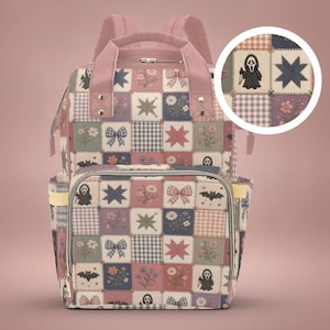 Diaper Bag Tote | Horror Print Diaper Bag Gothic Floral Gingham | Cottagecore Slasher Pattern Baby Bag | Spooky Mom Gift