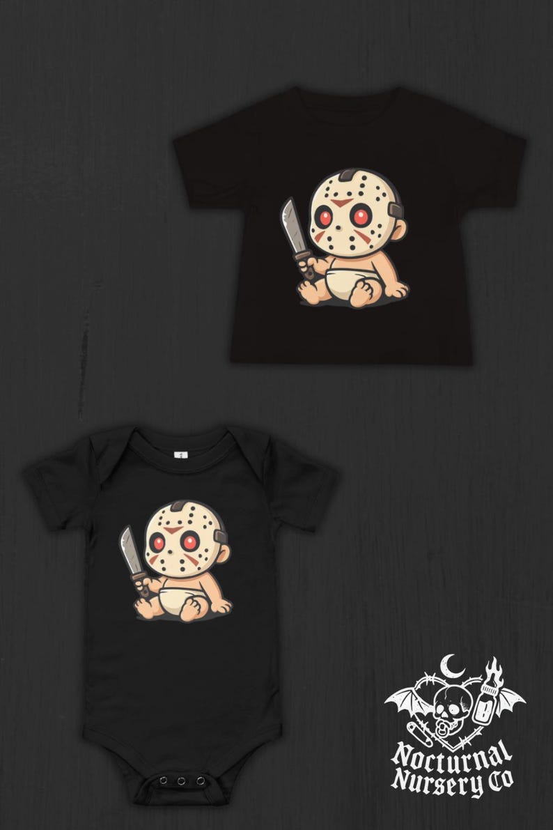 May include: A black short-sleeve t-shirt and a black short-sleeve bodysuit, each featuring a graphic of a cartoon baby wearing a hockey mask and holding a machete. The bottom right corner displays a logo with a skull and the text Nocturnal Nursery Co.