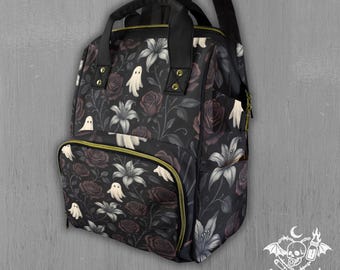 Gothic Diaper Backpack – Ghost & Floral Print-Spooky Mom Baby Bag-Waterproof and Spacious Design