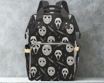 Slasher Halloween Diaper Bag – Horror Baby Bag, Grey and White Baby Essentials Backpack, Spooky Baby Shower Gift, Unique Gothic Baby Bag