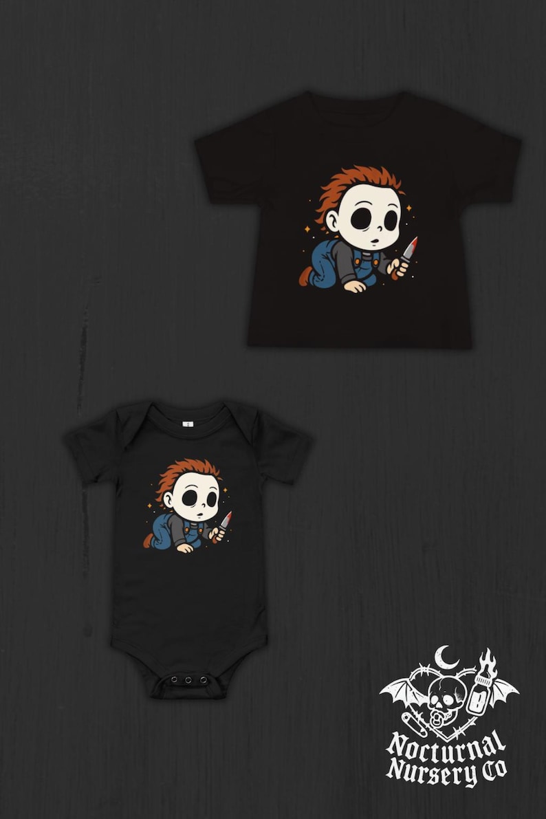 May include: A black short-sleeved t-shirt and a black short-sleeved bodysuit, both featuring a graphic of a cartoon character with brown hair, a white mask, and blue overalls, crawling while holding a small knife. The logo Nocturnal Nursery Co is visible.