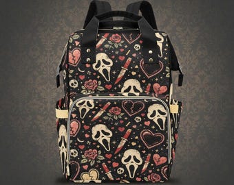 Horror Slasher Valentine Diaper Bag Backpack | Spooky Mask Skull Baby Bag | Gothic Alt Mom Diaper Backpack