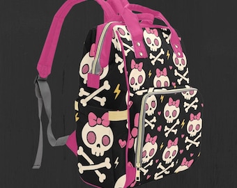 Gothic Diaper Bag – Alternative Baby Bag for Moms & Dads, Skull Print Backpack, Spooky Baby Shower Gift, Punk, Horror Nursery Tote