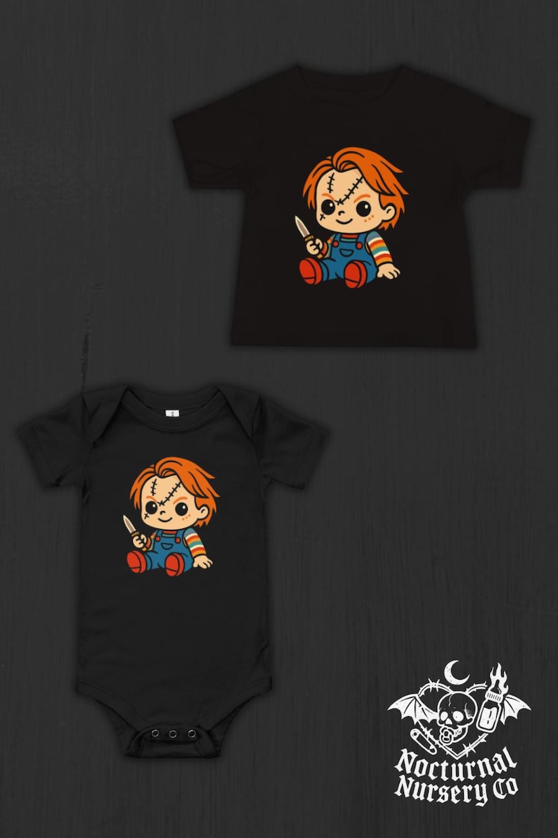 May include: A black short-sleeved t-shirt and a black short-sleeved bodysuit, both featuring a graphic of a cartoon character with orange hair, stitches on the face, blue overalls, and a knife. The logo Nocturnal Nursery Co is in the corner.