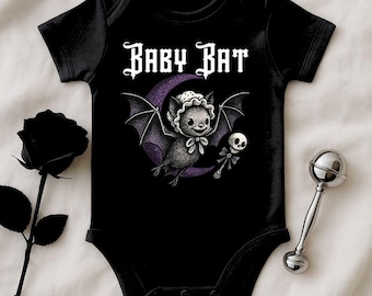 Gothic Baby Bat Bodysuit, Cute Halloween Bat with Skull Rattle & Moon | Spooky Baby Shower Gift, Alternative Baby Clothes