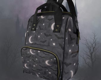 Gothic Diaper Bag with Bats and Moons – Dark Aesthetic Baby Bag, Spooky Mom Tote, Witchy Nursery Gift, Alternative Baby Shower Bag