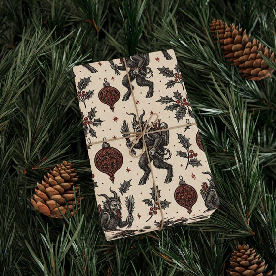 Krampus Christmas Wrapping Paper | Vintage Gothic Gift Wrap | Folk Horror Holiday Print | Dark Alternative Xmas Gift Wrap Roll