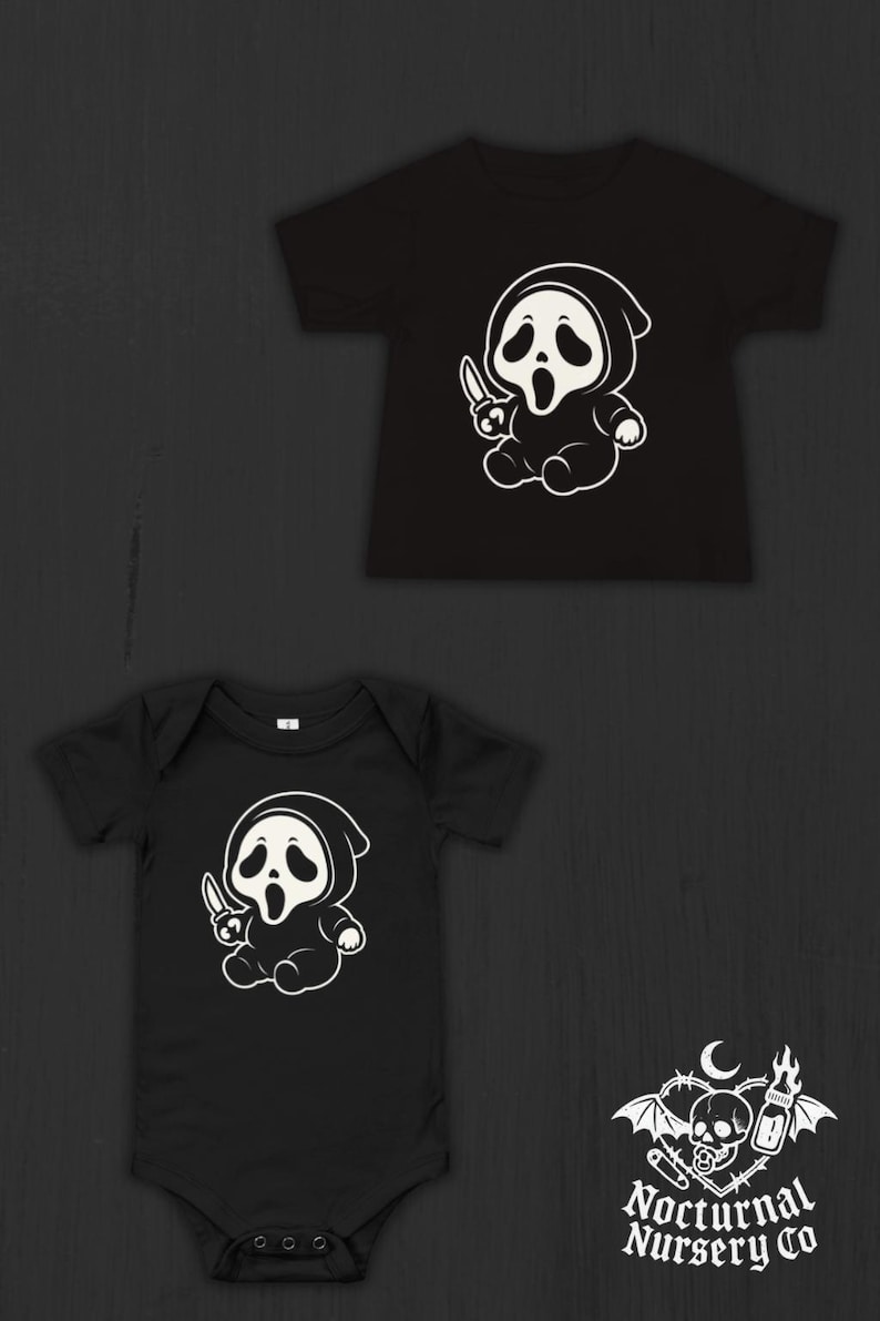 May include: A black short-sleeved t-shirt and a black short-sleeved bodysuit, both featuring a white graphic of a cartoon character in a hooded robe holding a knife. The bottom right corner displays a white logo with a skull and the text Nocturnal Nursery Co.