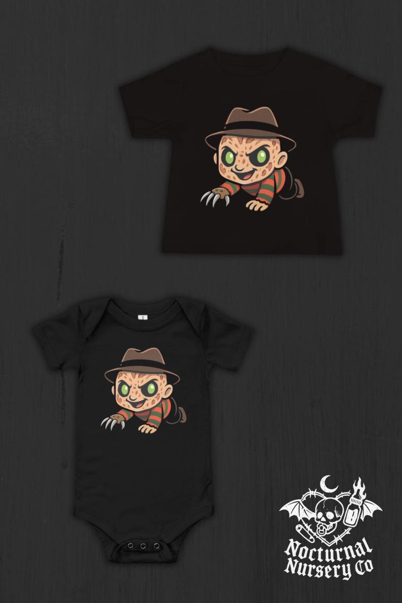 May include: A black short-sleeved t-shirt and a black short-sleeved bodysuit, both featuring a graphic of a cartoon character wearing a brown fedora, a red and green striped sweater, and a glove with sharp blades, with the text Nocturnal Nursery Co.