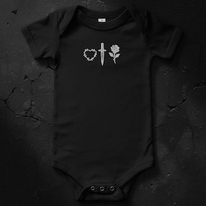 Goth Baby Bodysuit – Rose Dagger Barbed Wire Heart | Tattoo Inspired Infant Outfit | Alternative Baby Shower Gift | Emo Baby Clothes