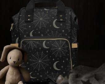 Spider Web Diaper Bag Backpack – Black Moon & Spiderweb Print – Goth Baby Bag for Alternative Moms – Gothic Baby Shower Gift