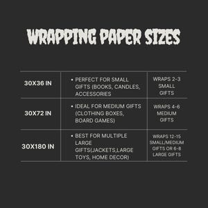 K&ouml;nnte beinhalten: Eine dunkelgraue Informationstabelle mit der &Uuml;berschrift WRAPPING PAPER SIZES. Sie listet drei Ma&szlig;e in Zoll auf: 30x36, 30x72 und 30x180. Jede Zeile beschreibt Geschenkarten und die Anzahl der Artikel, die mit der jeweiligen Gr&ouml;&szlig;e verpackt werden.