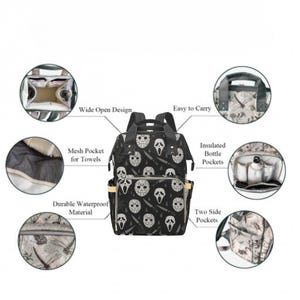 May include: Black backpack with a repeating pattern of white horror movie masks and knives. Features include a wide open design, mesh pocket for towels, insulated bottle pockets, and two side pockets. The bag is made of durable waterproof material.