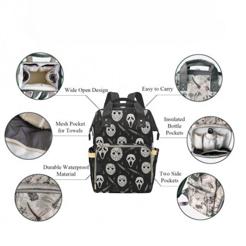 May include: Black backpack with a repeating pattern of white horror movie masks and knives. Features include a wide open design, mesh pocket for towels, insulated bottle pockets, and two side pockets. The bag is made of durable waterproof material.
