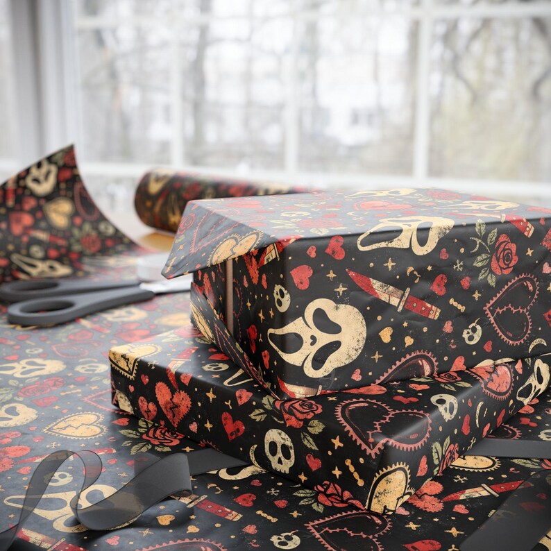 Horror Valentine Wrapping Paper Hearteyed Slasher Mask Design