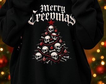 Merry Creepmas-sweater – gotische kerstschedelsweater – griezelige vakantie trui met ronde hals – alternatieve kerstcadeau hoodiestijl