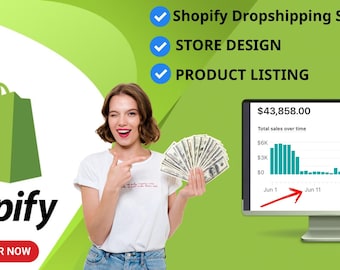 Op de afbeelding: Een digitale afbeelding met het Shopify-logo, een persoon die een waaier van bankbiljetten vasthoudt en een computermonitor met een verkoopgrafiek met de tekst Shopify Dropshipping Store, STORE DESIGN, PRODUCT LISTING en ORDER NOW.