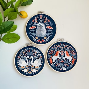 Folk Animals Embroidery Template By irina_skaska -Autumn Coordinating Embroidery Pattern for 6" Hoop Custom Printed on Cotton by Spoonflower