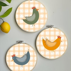 Chickens Embroidery Template By andrea_muehlbauer - Country Farmhouse Embroidery Pattern for 6&quot; Hoop Custom Printed on Cotton by Spoonflower