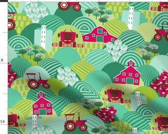 BTY Little Red Barn Farm Animal Toss on Red Fabric 100/% Cotton
