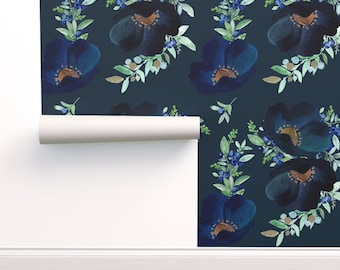 Peel-and-Stick Removable Wallpaper Blueberry Florals Watercolor Wedding Blue
