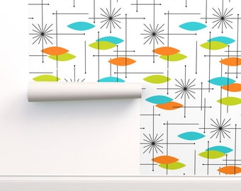 Mid Century Modern Wallpaper Aqua Lime Gray Burmond By Tonyanewton- Custom Printed Removable Self Adhesive Wallpaper Roll by Spoonflower