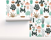 Plants Wallpaper - House Plants By Katerhees - House Plants Green Pink Custom Printed Removable Self Adhesive Wallpaper Roll by Spoonflower