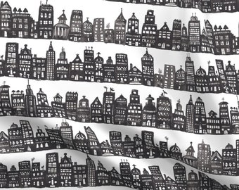 NYC NEW YORK CITY BUILDINGS LIGHTS GREY COTTON FABRIC FQ