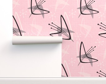 Removable Water-Activated Wallpaper Cats Retro Atomic Mid Century Starbursts
