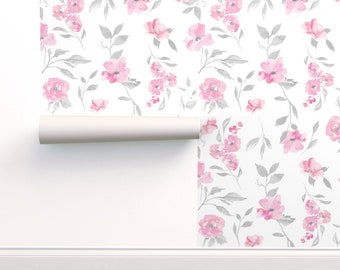 Floral Wallpaper Poppy Watercolor Floral By Sugarpinedesign Nursery Custom Printed Removable Self Adhesive Wallpaper Roll by Spoonflower