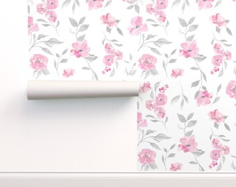Floral Wallpaper Poppy Watercolor Floral By Sugarpinedesign Nursery Custom Printed Removable Self Adhesive Wallpaper Roll by Spoonflower