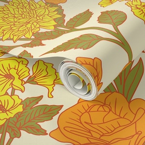 Campione di carta da parati staccabile e adesiva floreale retrò - Confezione di campioni di carta da parati rimovibile con fiori dai colori caldi giallo sole di Spoonflower