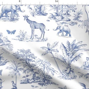 Toile Fabric - Safari Blue by krystlemcdowall - Jungle Animals Monochromatic Safari Animals Giraffe Fabric by the Yard by Spoonflower