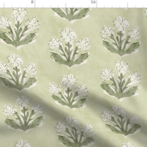 Traditional Fabric - Boho Wildflower Green by apostrofodesign - Botanical Block Print Cottagecore Preppy Fabric by the Yard by Spoonflower image 1