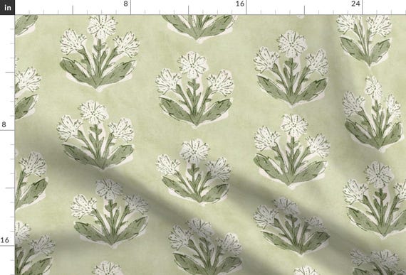 Traditional Fabric - Boho Wildflower Green by apostrofodesign - Botanical Block Print Cottagecore Preppy Fabric by the Yard by Spoonflower
