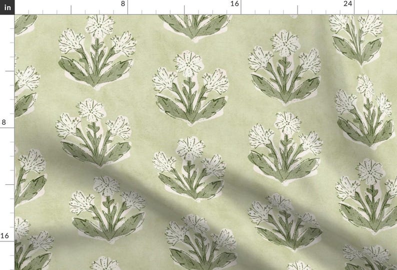Traditional Fabric - Boho Wildflower Green by apostrofodesign - Botanical Block Print Cottagecore Preppy Fabric by the Yard by Spoonflower image 1