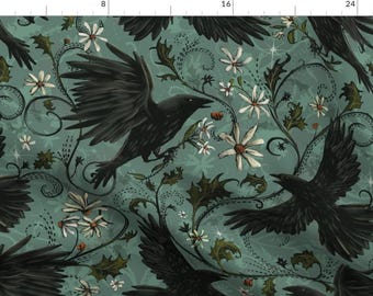 Gothic Ravens Fabric - Mystic Crows Cyan by stephaniebeischer-studio8 - Autumn Floral Halloween Bohemian Fabric by the Yard by Spoonflower