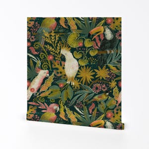 Parrots Removable Peel and Stick Wallpaper - Rainforest Cockatoo Tropical Leaves  - Wall Art Wall Decor - Bird Watching  by fineapple_pair