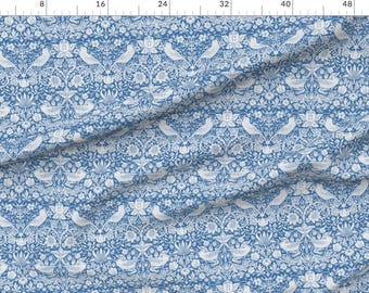 William Morris Extra Wide Sateen Fabric Blue White Victorian England Tudor Fabric By The Yard Strawberry Thief Blue by peacoquettedesigns