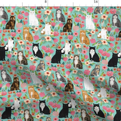 Cat Fabric Cat Florals Mixed Breeds Pet Fabrics Mint by Etsy