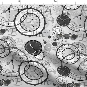 以下が含まれることがあります： 白地にグレーのグラデーションで、重なり合った時計の文字盤、歯車、渦巻き状の線が繰り返し描かれたシームレスパターン。パターンには「E=mc2」の文字が含まれています。