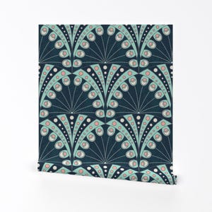 Art Deco Tapete - Pfauenfedern Von Lilalunis - 1920er Jahre Vintage Blau Individuell bedruckte entfernbare selbstklebende Tapetenrolle von Spoonflower