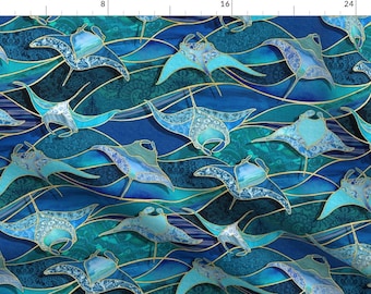 Sea Creatures Fabric - Patchwork Manta Rays - Large by micklyn - Manta Ray Ocean Life Turquoise Blue Fabric by the Yard by Spoonflower