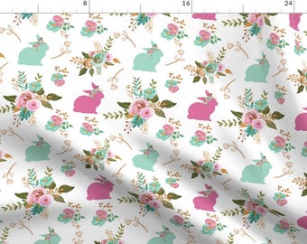 Spring Bunny Fabric - Easter Bunny Mint, Pink And Gold By Twodreamsshop - Easter Baby Bunnies Cotton Fabric By The Yard With Spoonflower