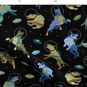 Space and Dogs Fabric - Space Dogs And Flying Discs Large By Mariafaithgarcia - Space Dog Black Cotton Fabric By The Yard With Spoonflower